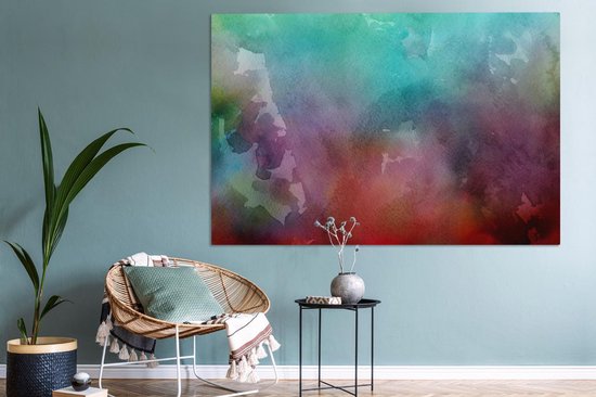 Canvas schilderij 150x100 cm - Wanddecoratie Waterverf - Groen - Rood - Muurdecoratie woonkamer - Slaapkamer decoratie - Kamer accessoires - Schilderijen