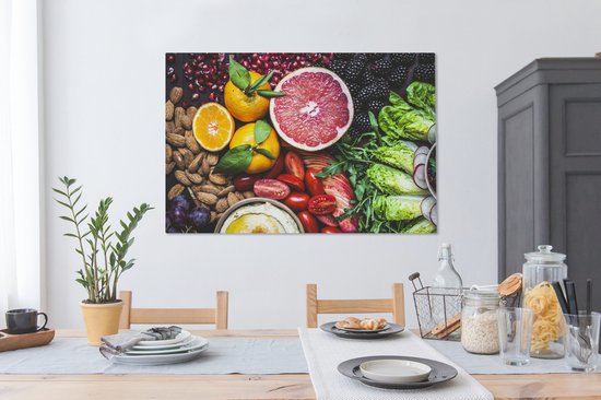 Divers fruits étalés sur une toile de table 2cm 120x80 cm - Tirage photo sur toile (Décoration murale salon / chambre)