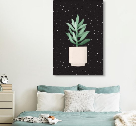 Illustration d'une succulente aux feuilles gris-vert sur fond noir à pois blancs 120x180 cm - Tirage photo sur Toile (Décoration murale salon / chambre) XXL / Groot format!