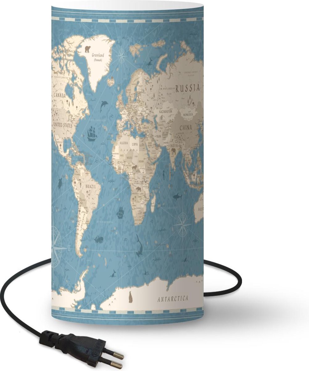Lamp - Nachtlampje - Tafellamp slaapkamer - Wereldkaart - Vintage - Blauw - 33 cm hoog - Ø15.9 cm - Inclusief LED lamp
