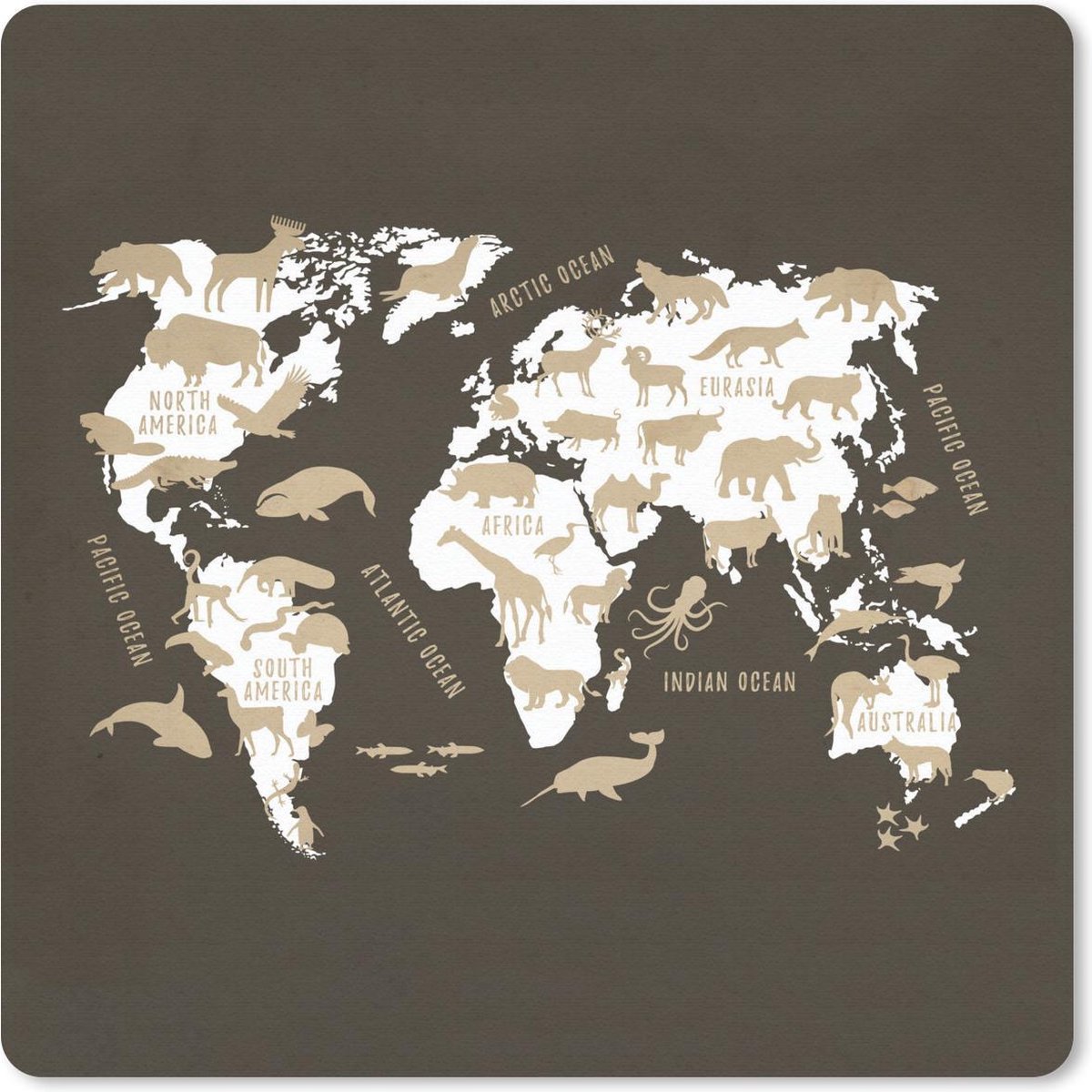 Muismat 20x20 cm - Mousepad Wereldkaart - Wit - Dieren - Muismatten