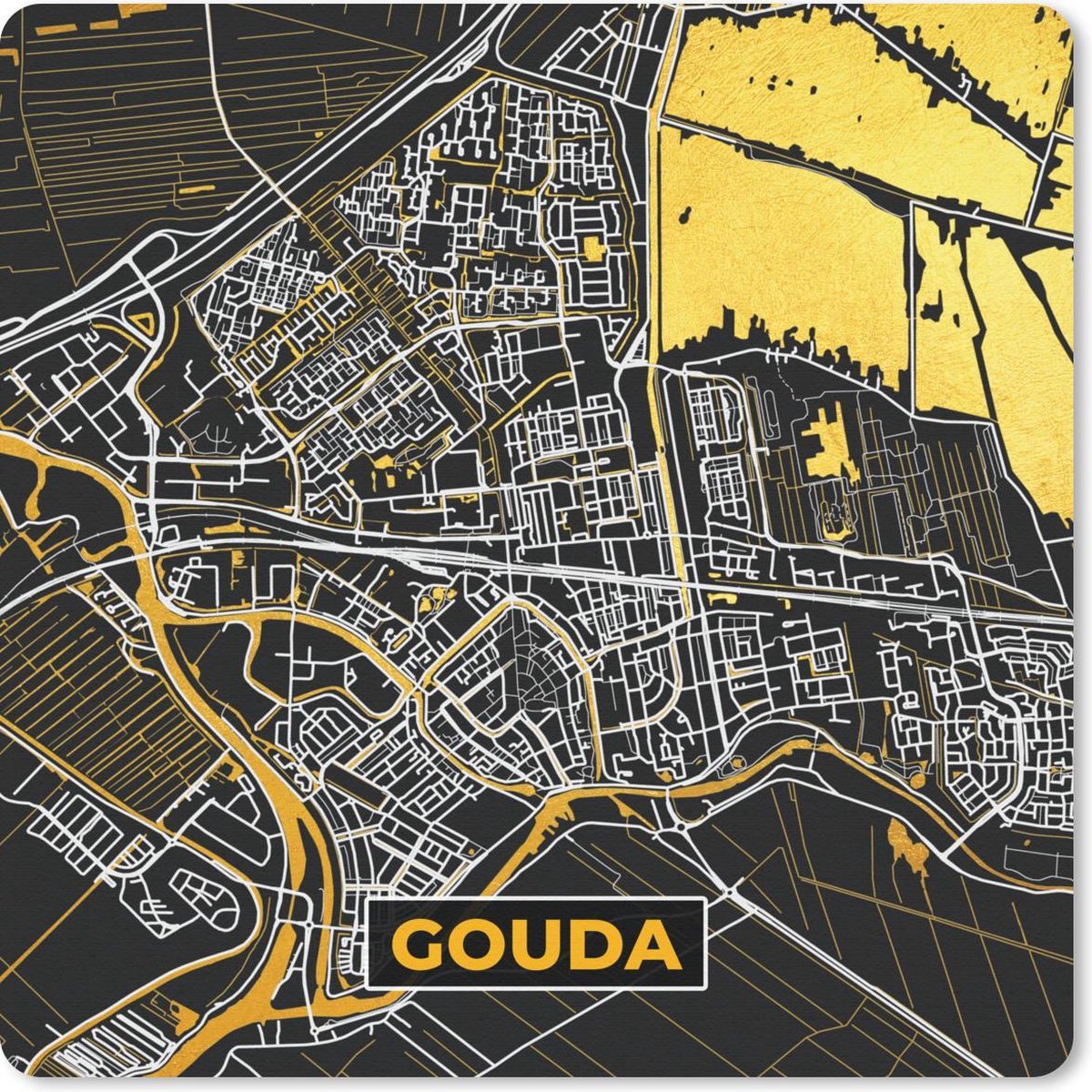 Muismat 20x20 cm - Mousepad Plattegrond - Gouda - Goud - Zwart - Muismatten - Stadskaart