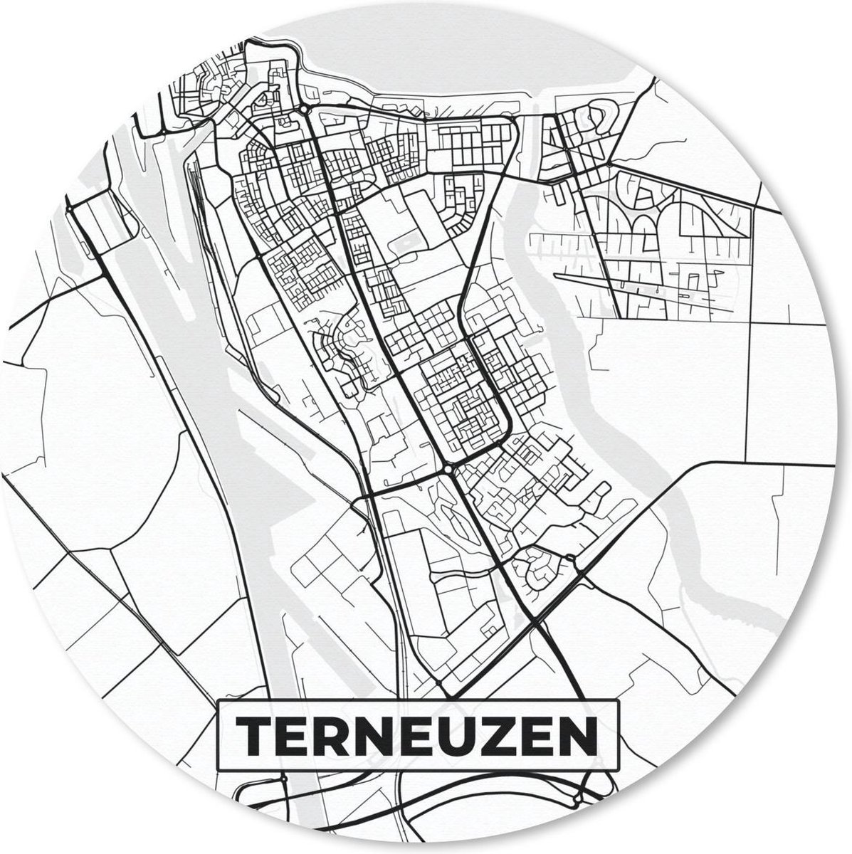 Muismat rond 20x20 cm - Mousepad Kaart - Terneuzen - Zwart - Wit - Ronde muismatten