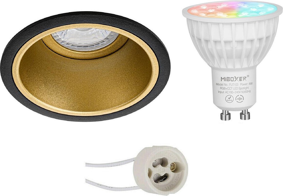 Mi-Light MiBoxer - LED Spot Set GU10 - Smart LED - Wifi LED - Slimme LED - 4W - RGB+CCT - Aanpasbare Kleur - Dimbaar - Proma Minko Pro - Inbouw Rond - Mat Zwart/Goud - Verdiept - Ø90mm
