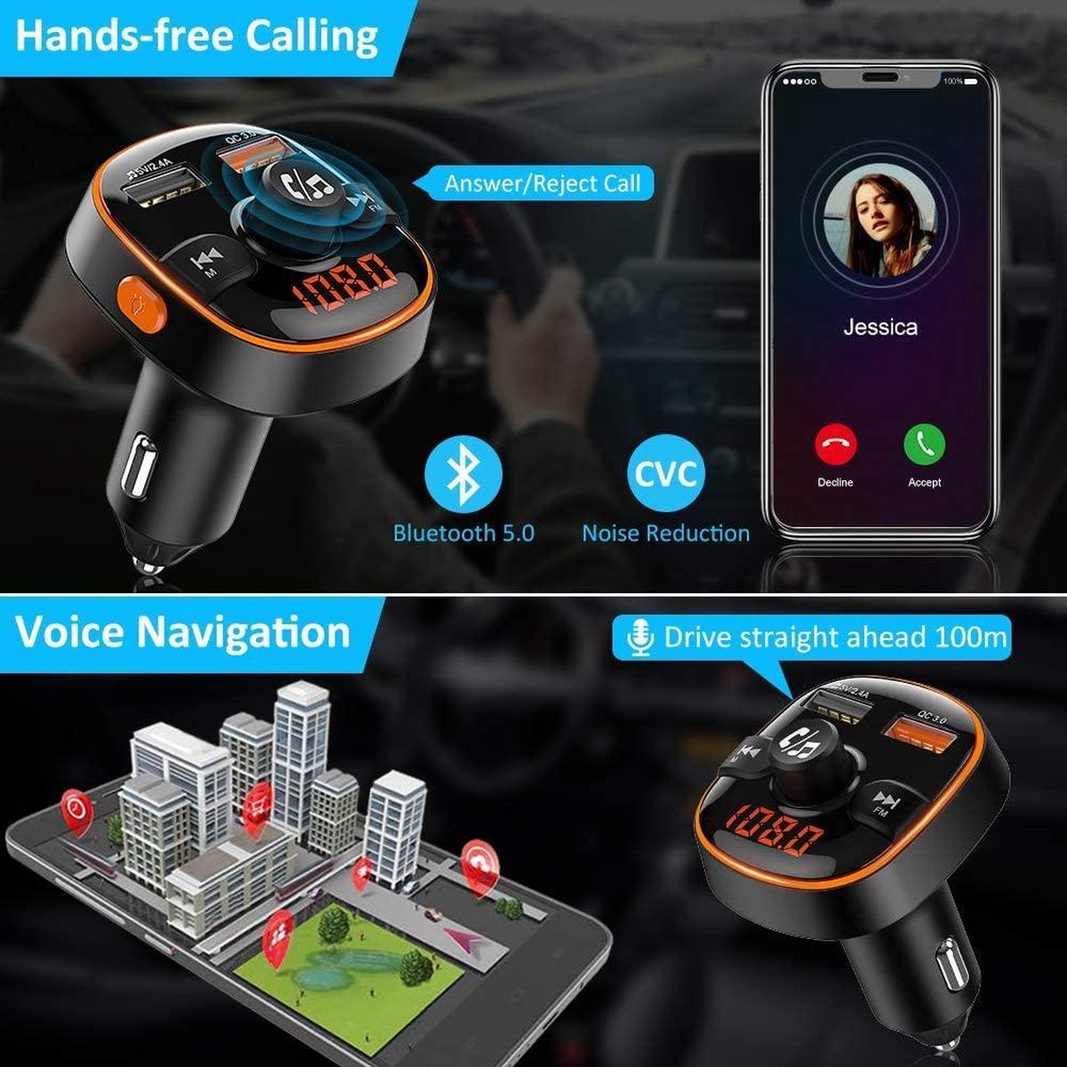 Bovon Bluetooth FM-Zender voor in de Auto, 7 Kleuren Omgevingslicht met