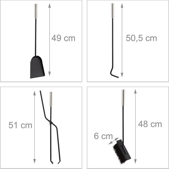 Afmetingen van haardgereedschap: pook (49cm), tang (51cm), haak (50,5cm), borstel (48cm, 6cm breed).
