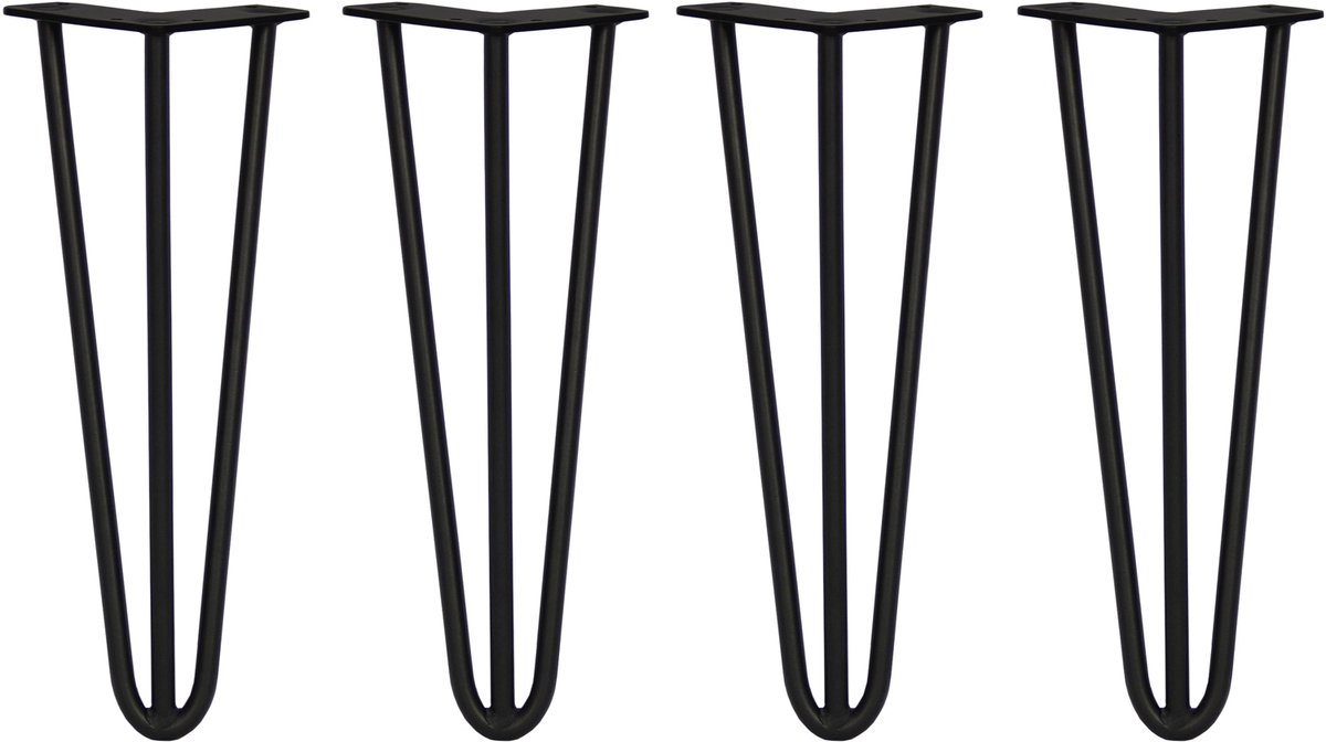 MonsterShop 4 x 35,5cm Hairpin retro pootjes tafelpoten pinpoten - 3 staven - 12mm - zwart