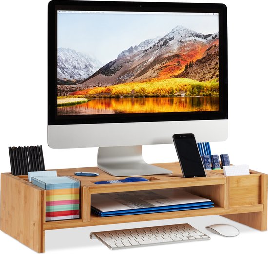 Relaxdays monitorverhoger bamboe, beeldschermstandaard voor bureau, HBD: 13 x 70 x 19 cm, lade & 7 vakken, natuur
