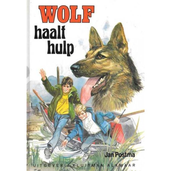 Boekomslag 'Wolf haalt hulp' met een Duitse herder en twee jongens in een bootje. Jan Postma.