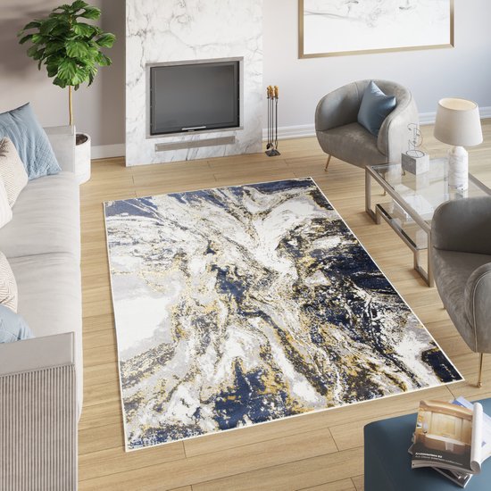 Tapiso Shine Tapis Salon Chambre Blauw Crème Or Moderne Poil Bas Abstrait Durable Tapis de Haute Qualité Taille - 80 x 150 cm
