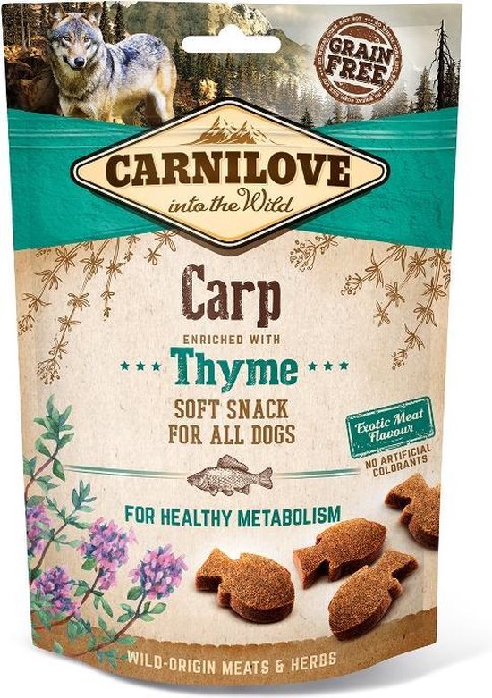 Carnilove Soft Snack met karper en tijm, graanvrij, voor alle honden. Visvormige koekjes.