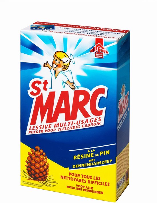 St. Marc poeder met dennenharszeep. Een engel met aureool boven de tekst 'St. Marc Lessive Multi-Usages'. Een dennenappel onderaan.