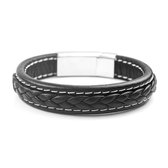 Armband Heren - Zwart Leer met Witte Stiksels - Leren Armbanden - Cadeau voor Man - Mannen Cadeautjes