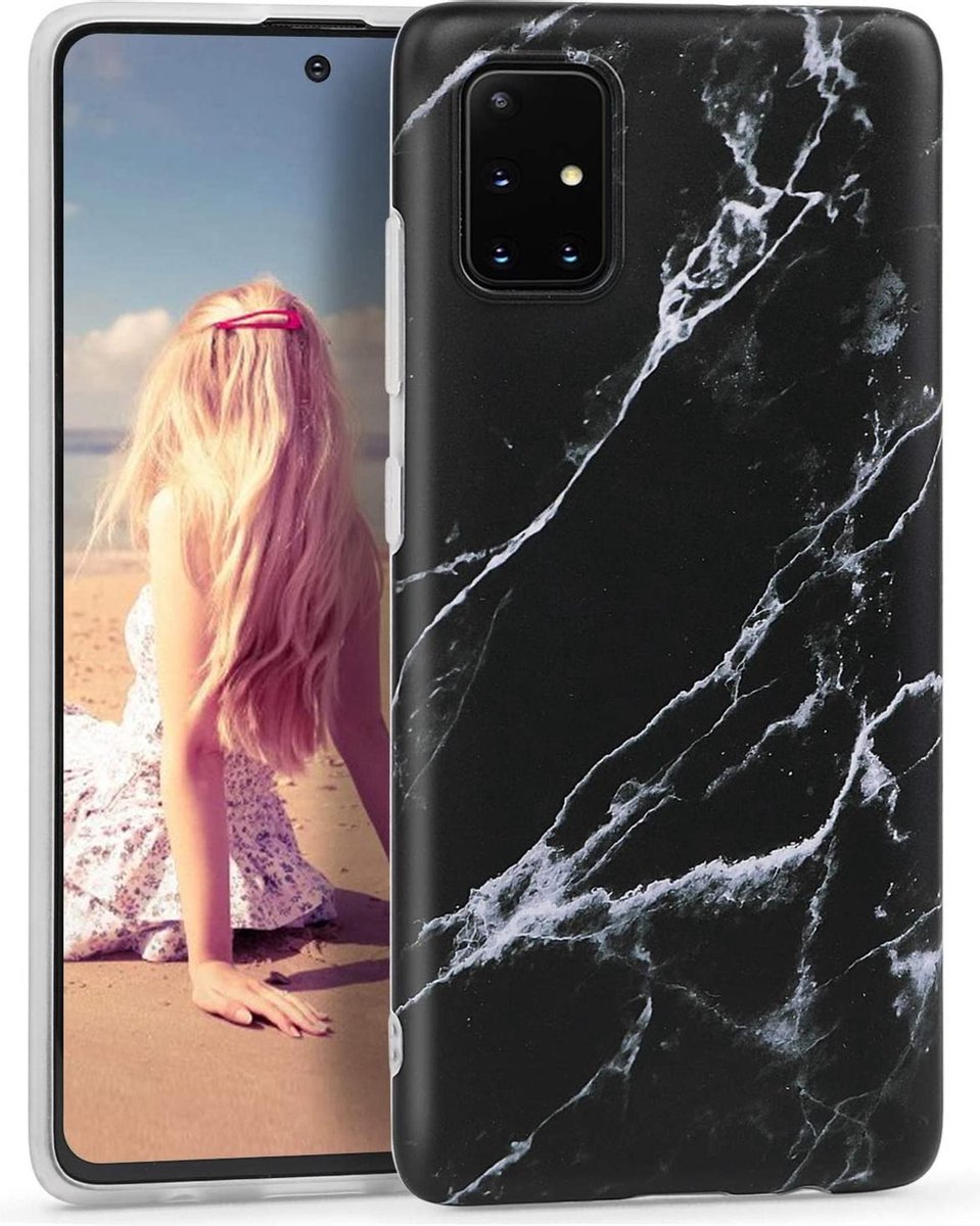 Geschikt voor Samsung Galaxy A71 hoesje - Zwart / Wit- Marmer - Soft TPU