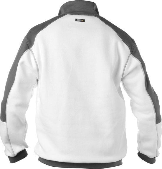 Achterkant van witte sweater met donkergrijze schouder- en mouwinzetstukken en een grijze boord.