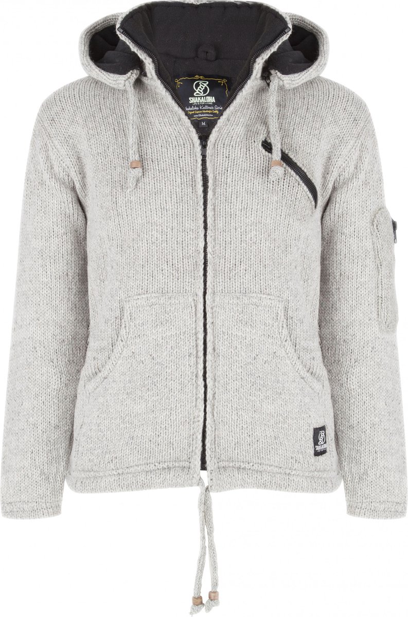 Gebreid Wollen Heren/Uni Vest van Schapenwol met Polyester Fleece voering en afneembare capuchon SHAKALOHA Crush Ziphood Grijs