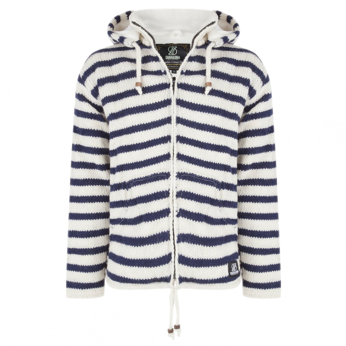 Gebreid Wollen Heren/Uni Vest van Schapenwol met Polyester Fleece voering en afneembare capuchon SHAKALOHA Split Ziphood Whitenavy
