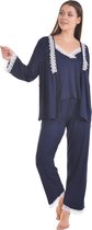 Dames Katoen Pyjama | 4-delige set | Katoen nachtkleding | Katoen nachthemd | Elegant Katoen Ochtendjas | Cadeau voor dames | kleur: marineblauw | maat: S