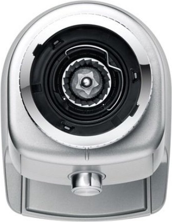 Bovenaanzicht van een zilverkleurige Sage koffiemolen, met zicht op het maalwerk.