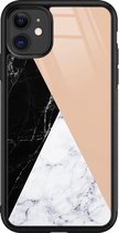 iPhone 11 hoesje glas - Marmer zwart bruin - Hard Case - Zwart - Backcover - Marmer - Zwart, Bruin