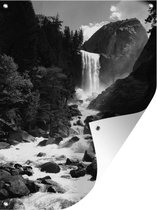 Tuinschilderij Een waterval bij het Amerikaanse Nationale park Yosemite - zwart wit - 60x80 cm - Tuinposter - Tuindoek - Buitenposter