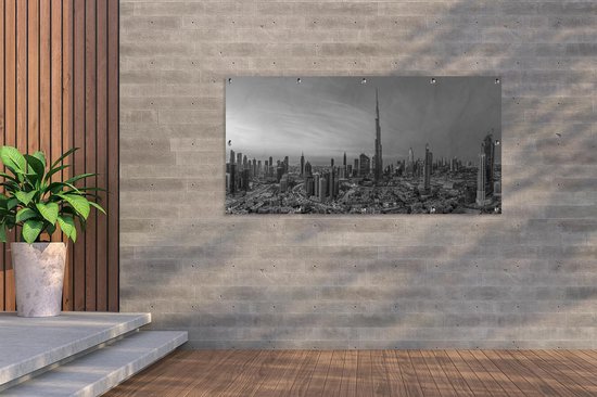 Affiche de clôture panorama de Dubaï avec le Burj Khalifa - noir et blanc - 200x100 cm - Toile de jardin