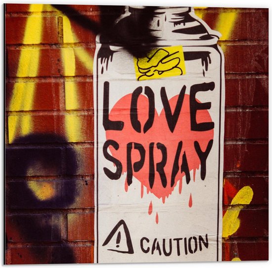 Dibond - Spuitbus met 'Love Spray' op Muur - 50x50cm Foto op Aluminium (Met Ophangsysteem)