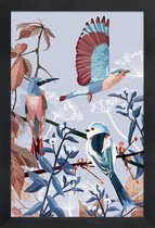 JUNIQE - Poster met houten lijst Birds Of Winter -13x18 /Blauw & Bruin