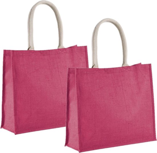3x morceaux de sacs cabas en jute rose fuchsia 42 cm - Sacs de shopping
