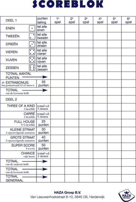 Haza Original Scoreblok Yahtzee 50 Vel