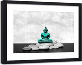 Foto in frame , Groene Boeddha  op witte stenen , 120x80cm , Multikleur, Premium print