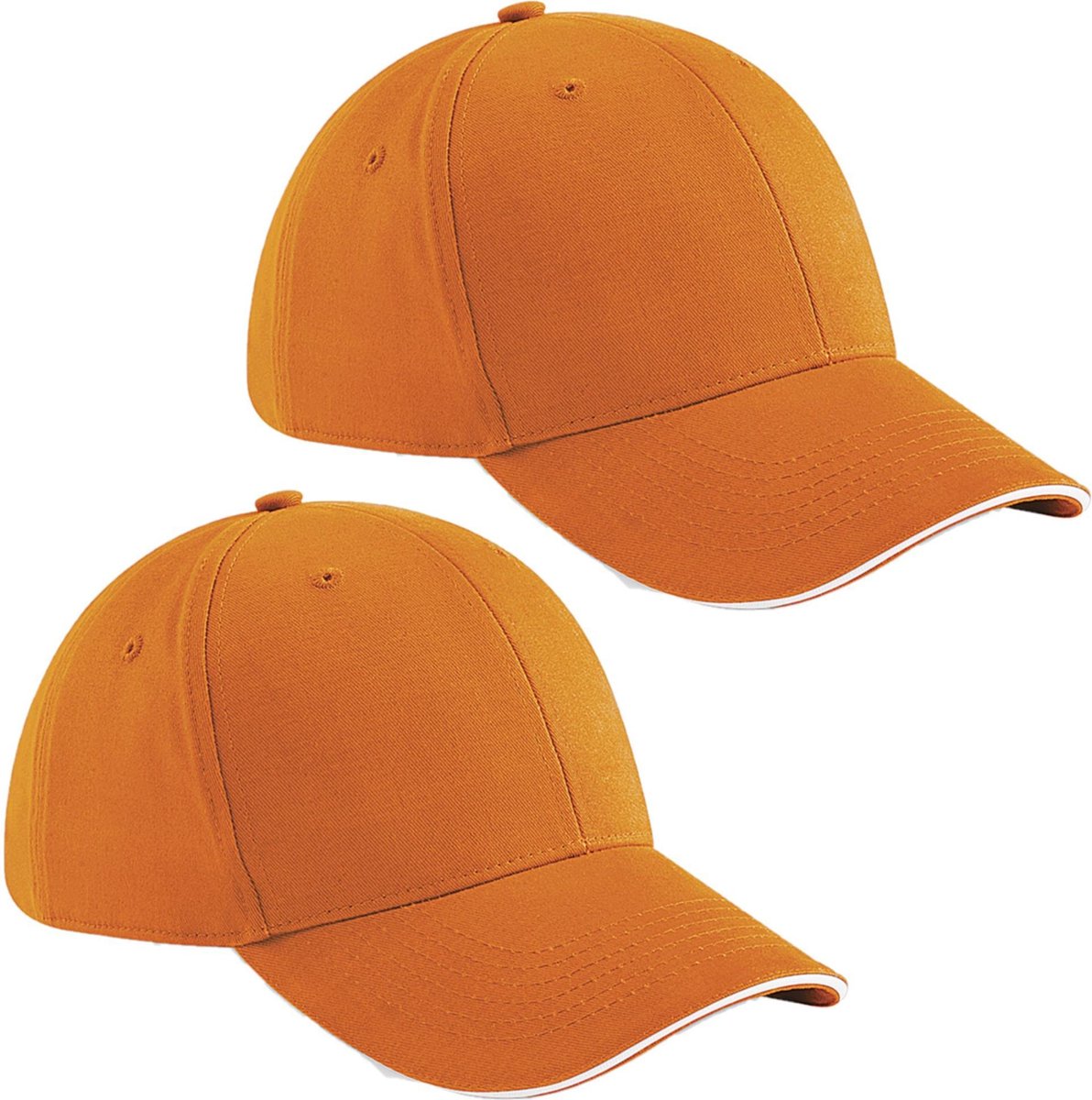 Beechfield 6 panel baseballcap - 2x - oranje/wit -