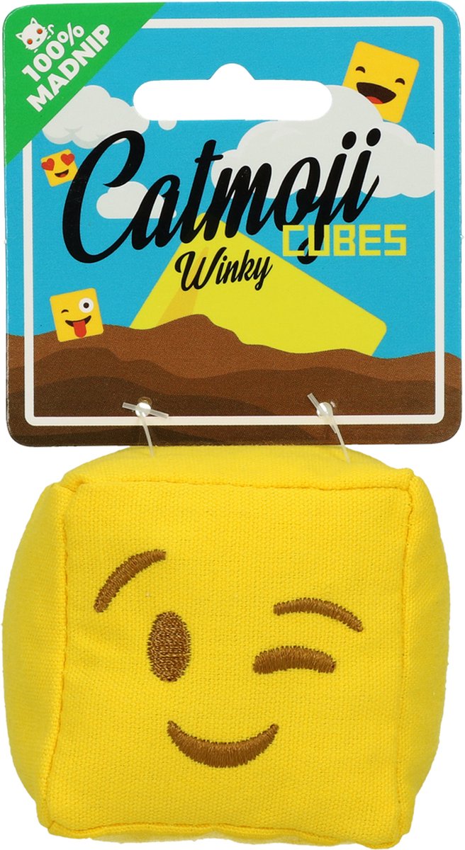 Emoji Cat Cube Winky – Kattenspeelgoed met MadNip – Onweerstaanbaar kattenspeeltje met kattenkruid - ø 7 cm – Geel
