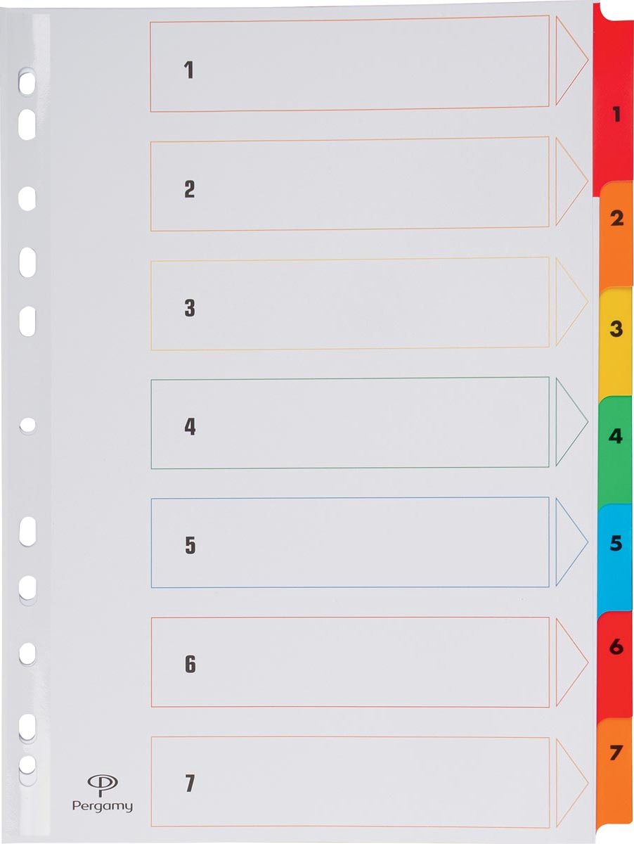 Pergamy tabbladen met indexblad, ft A4, 11-gaatsperforatie, geassorteerde kleuren, set 1-7
