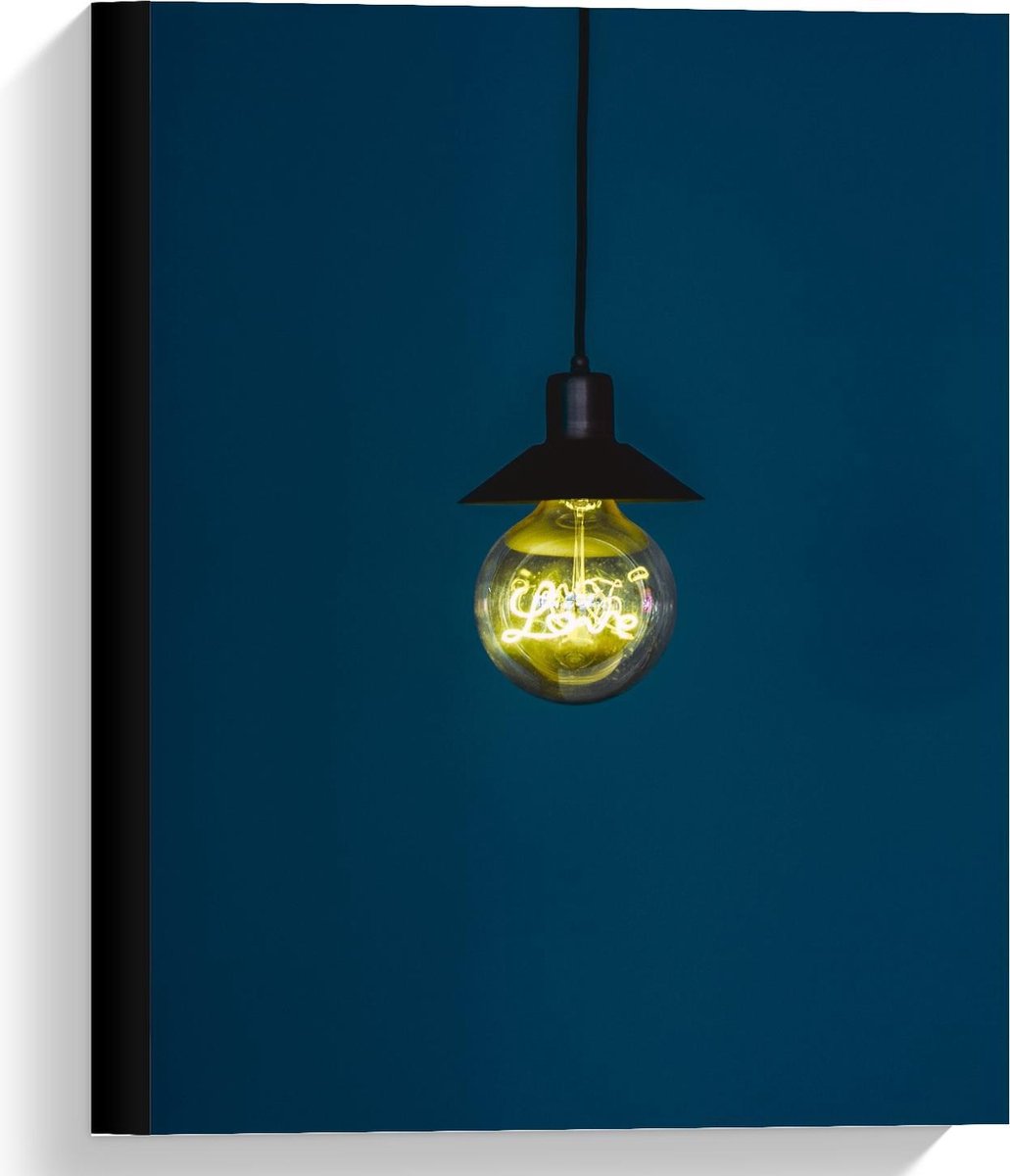 Canvas - Gloeilamp met Blauwe Achtergrond - 30x40cm Foto op Canvas Schilderij (Wanddecorat