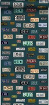 ESTAhome vlies wallpaper XXL vintage license plates petrolblauw - 158502 - 46,5 cm x 8,37 m