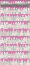 ESTAhome behang Amsterdamse huizen roze - 137714 - 53 cm x 10,05 m