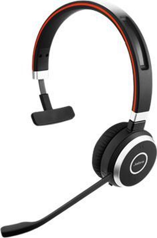Zwarte Jabra headset met rode strepen op de hoofdband, microfoonarm en zilverkleurige details.
