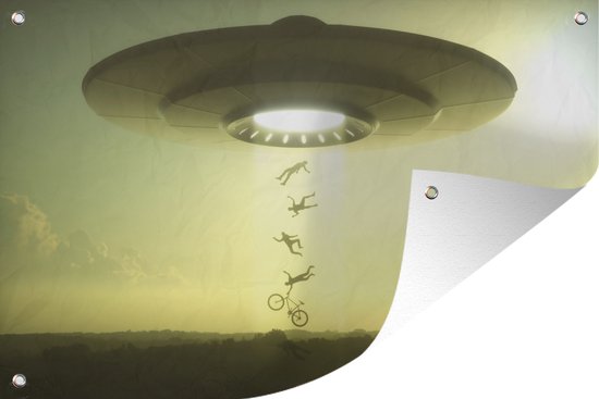 Tuindecoratie Een illustratie van een UFO die mensen ontvoert - Jongens - Meisjes - Kinderen - Kids - 60x40 cm - Tuinposter - Tuindoek - Buitenposter