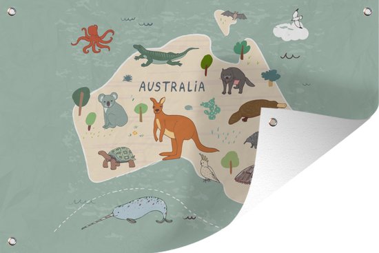 Tuindecoratie Dieren - Australië - Wereldkaart - Kinderen - Jongens - Blauw - Kids - 60x40 cm - Tuinposter - Tuindoek - Buitenposter