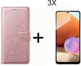 BixB Samsung A32 4G hoesje - Met 3x screenprotector / tempered glass - Book Case Wallet - Roségoud