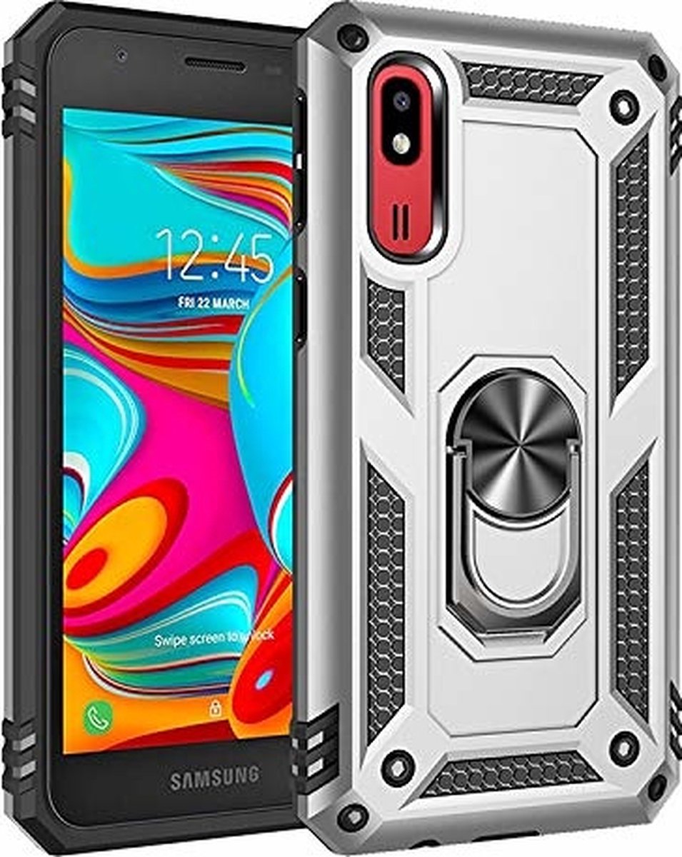 Hoesje Geschikt Voor Samsung Galaxy A2 Core Armor Hoesje Ringhouder TPU - Zilver