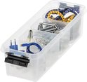 Doorzichtige opbergbox met vakverdelers, gevuld met elektra-onderdelen, batterijen en elastieken.