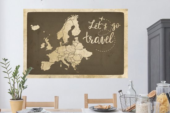 Sticker Muursticker Cartes d'Europe - Carte d'Europe Vintage avec texte Let's go travel - 120x80 cm - Film adhésif autocollant - Sticker mural repositionnable