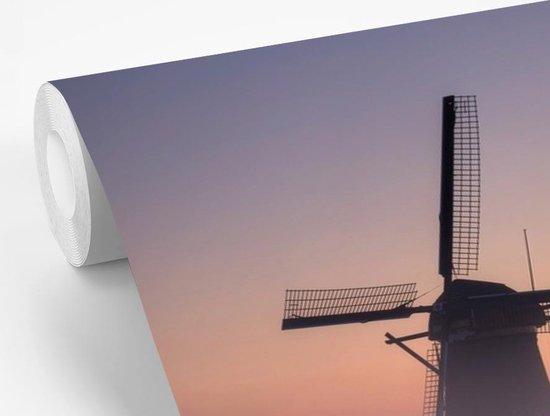 Brouillard aux moulins à vent hollandais de Kinderdijk lors d'un lever de soleil papier peint photo vinyle 360x240 cm - Tirage photo sur papier peint