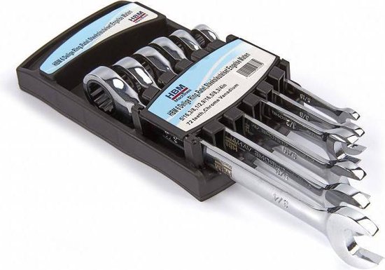 HBM 6-delige ring, ratel, steeksleutelset ENGELSE maten, maten 5/16, 3/8, 7/16, 1/2, 9/16, 5/8 inch, 72 tanden, chroom vanadium.