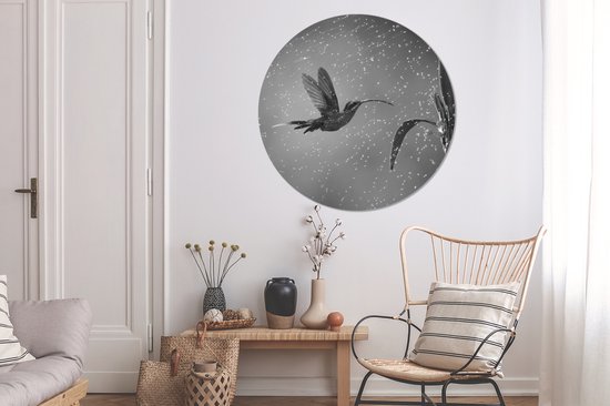 Colibri sous la pluie dans la nature du Costa Rica en noir et blanc Sticker mural cercle mural ⌀ 140 cm / cercle papier peint / cercle mural / cercle vivant - auto-adhésif et coupe ronde