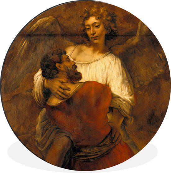WallCircle - Wandcirkel - Muurcirkel - Jakob worstelend met een engel - Schilderij van Rembrandt van Rijn - Aluminium - Dibond - ⌀ 140 cm - Binnen en Buiten