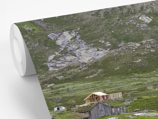 Chalets près d'un lac en Norvège fotobehang