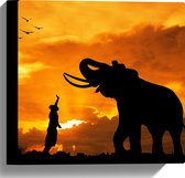 Canvas - Silhouet van Olifant met Persoon en Vogels in Afrika - 30x30 cm Foto op Canvas Schilderij (Wanddecoratie op Canvas)